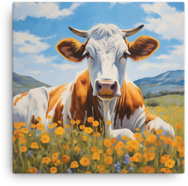 Golden Meadow Cow Canvas Wall Art