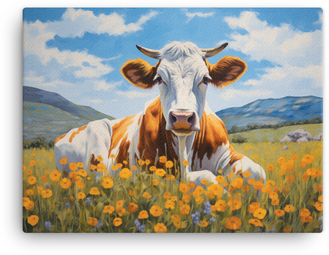 Golden Meadow Cow Canvas Wall Art