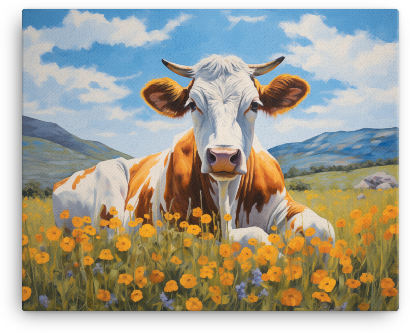Golden Meadow Cow Canvas Wall Art