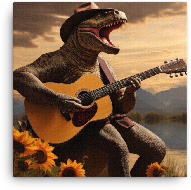 Guitar-Playing Dinosaur at Sunset Canvas