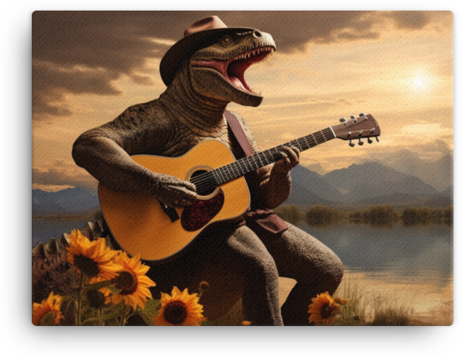 Guitar-Playing Dinosaur at Sunset Canvas