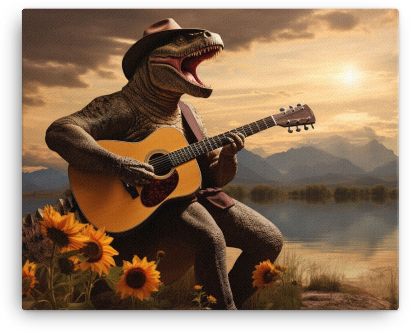 Guitar-Playing Dinosaur at Sunset Canvas