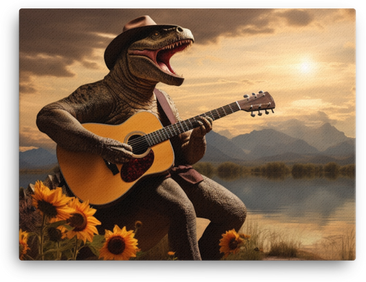 Guitar-Playing Dinosaur at Sunset Canvas