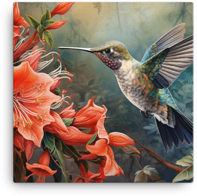 Hummingbird and Tiger Lilies Canvas Wall Art