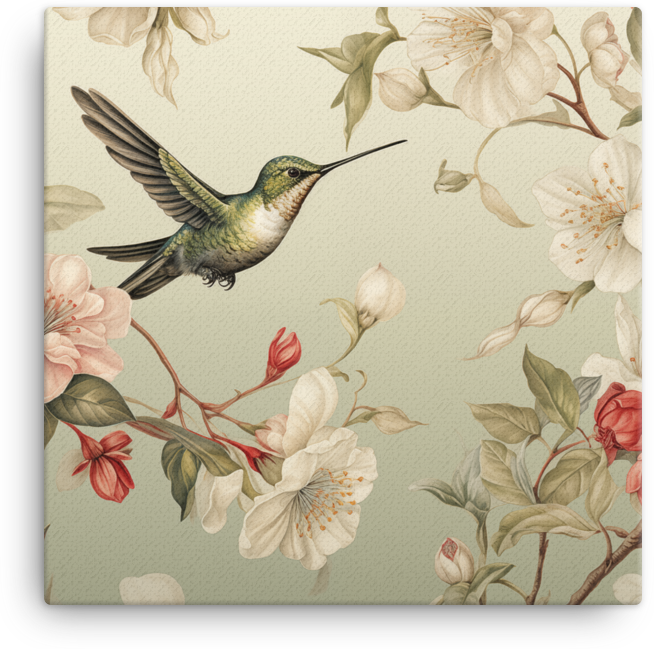 Hummingbird in Spring Blossom Canvas Wall Art
