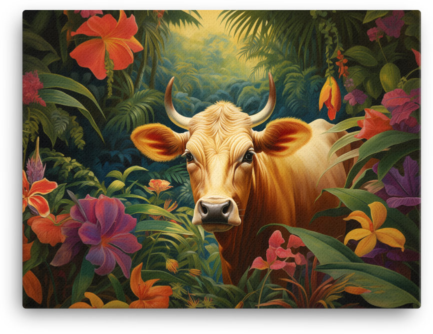 Jungle Oasis Cow Canvas Wall Art