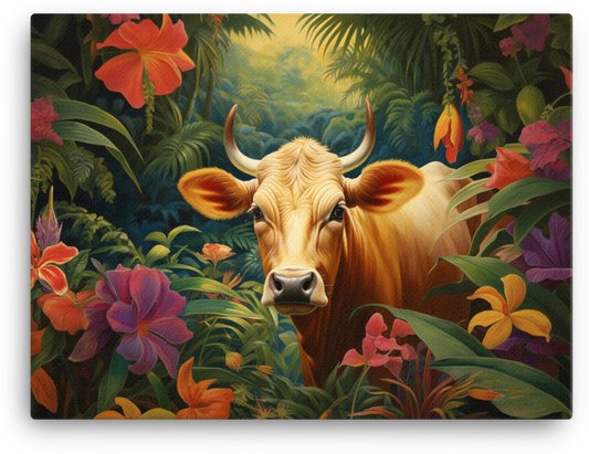 Jungle Oasis Cow Canvas Wall Art