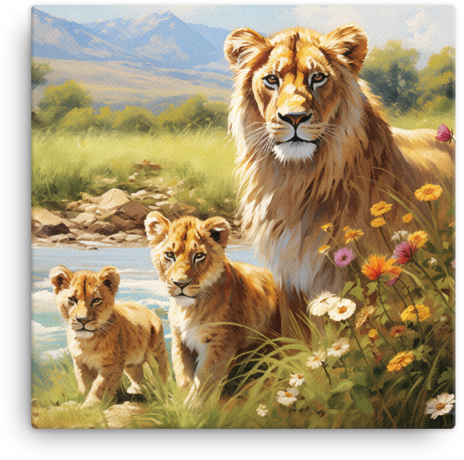 Lioness and Cubs Canvas Wall Art