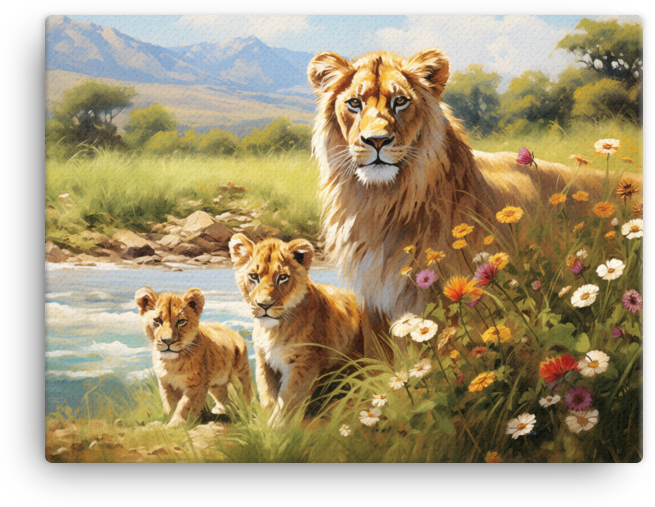 Lioness and Cubs Canvas Wall Art