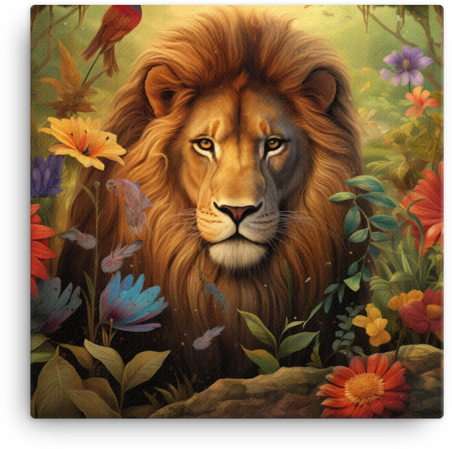 Majestic Lion in Floral Paradise Canvas Wall Art
