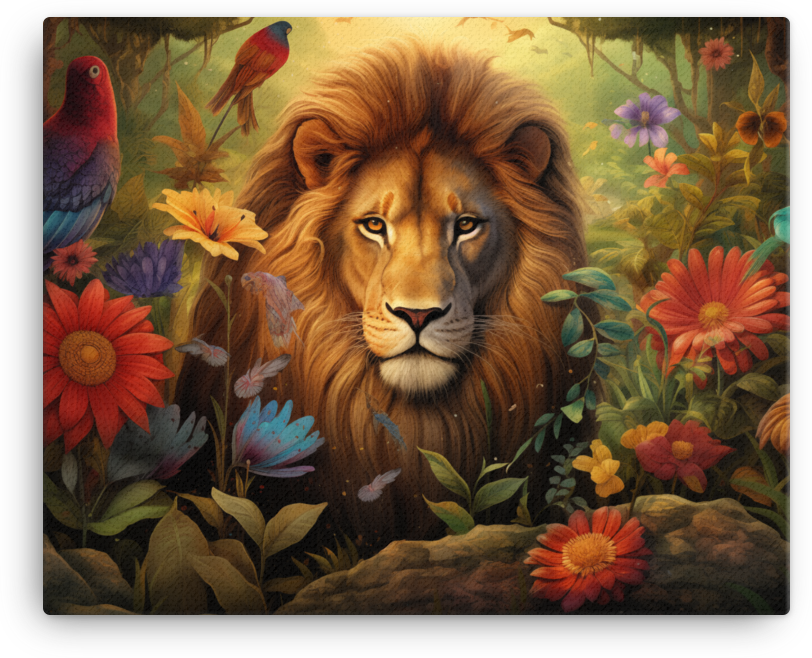 Majestic Lion in Floral Paradise Canvas Wall Art