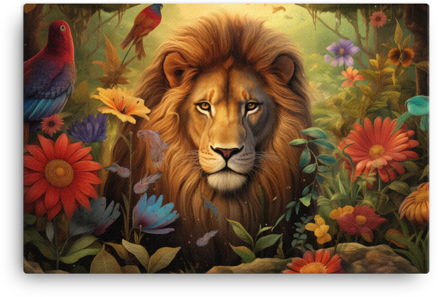 Majestic Lion in Floral Paradise Canvas Wall Art