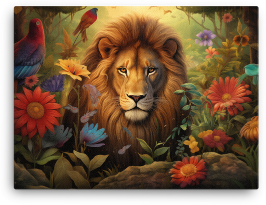 Majestic Lion in Floral Paradise Canvas Wall Art