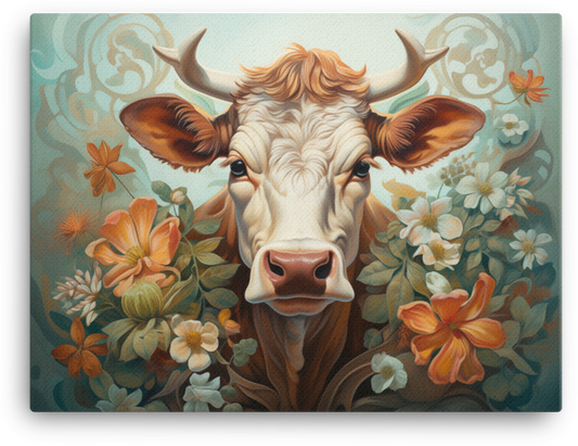 Meadow Blossom Cow Canvas Wall Art