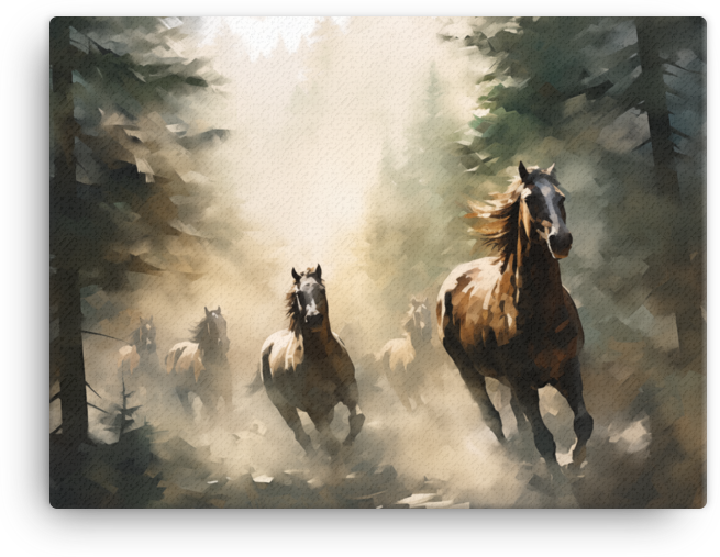 Misty Forest Stampede Horse Canvas Wall Art