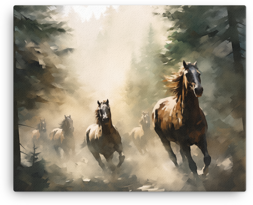 Misty Forest Stampede Horse Canvas Wall Art
