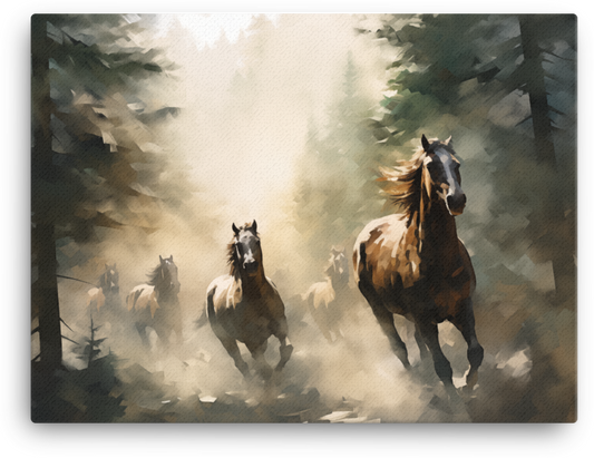 Misty Forest Stampede Horse Canvas Wall Art