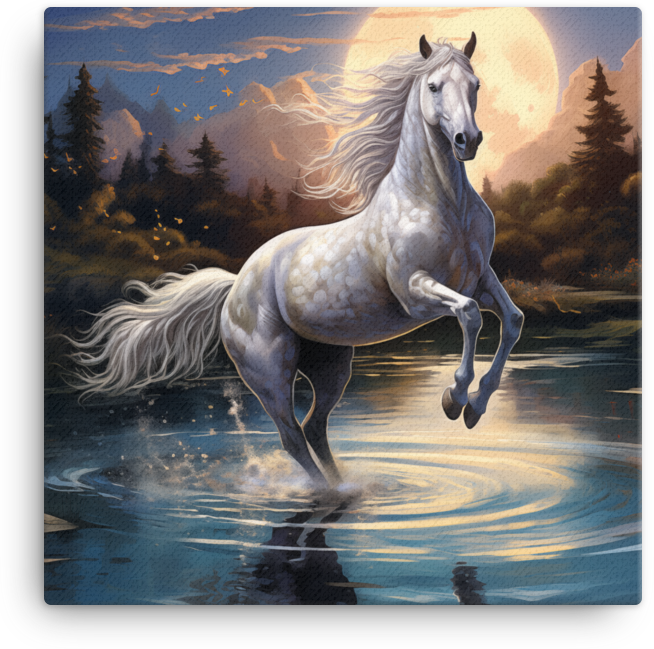 Moonlit Ripples White Horse Canvas Wall Art