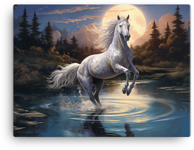 Moonlit Ripples White Horse Canvas Wall Art