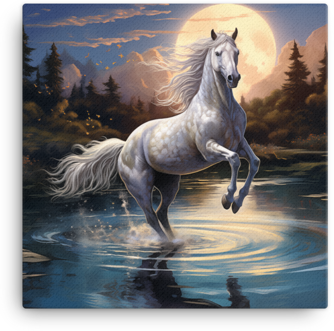 Moonlit Ripples White Horse Canvas Wall Art