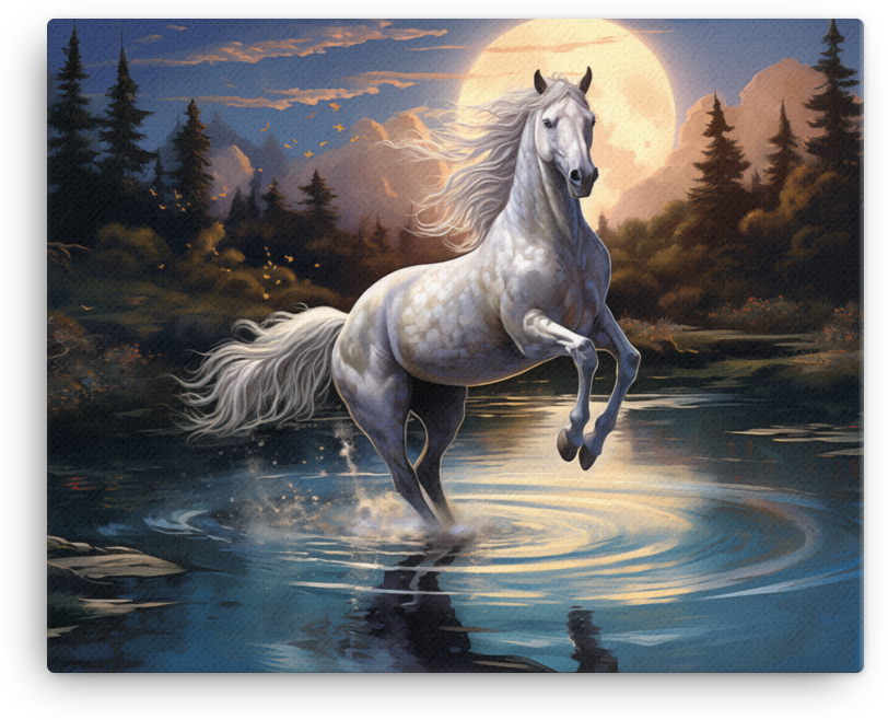 Moonlit Ripples White Horse Canvas Wall Art
