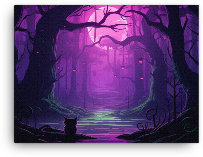 Mystical Forest with Silhouetted Cat Canvas