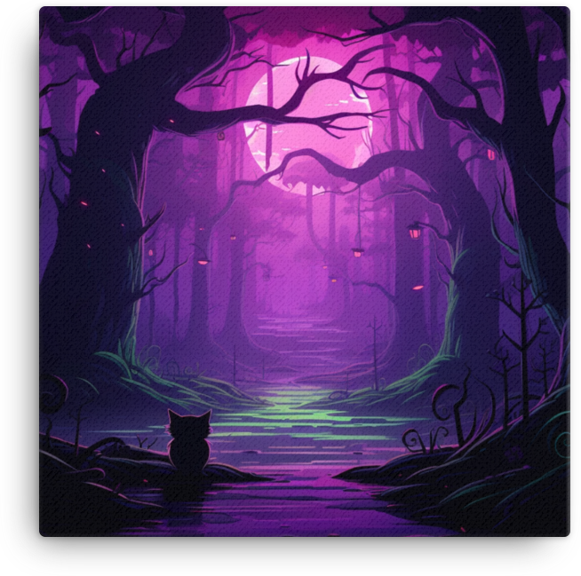 Mystical Forest with Silhouetted Cat Canvas