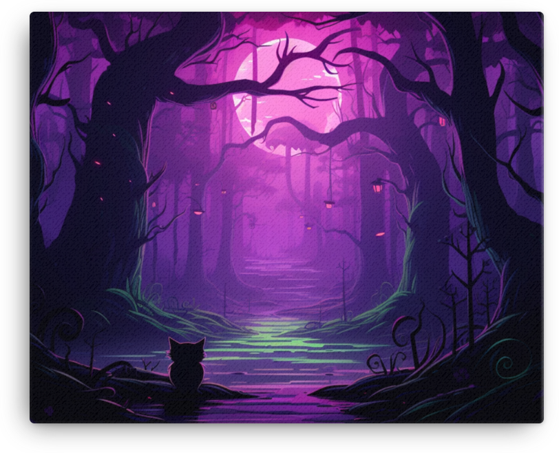 Mystical Forest with Silhouetted Cat Canvas