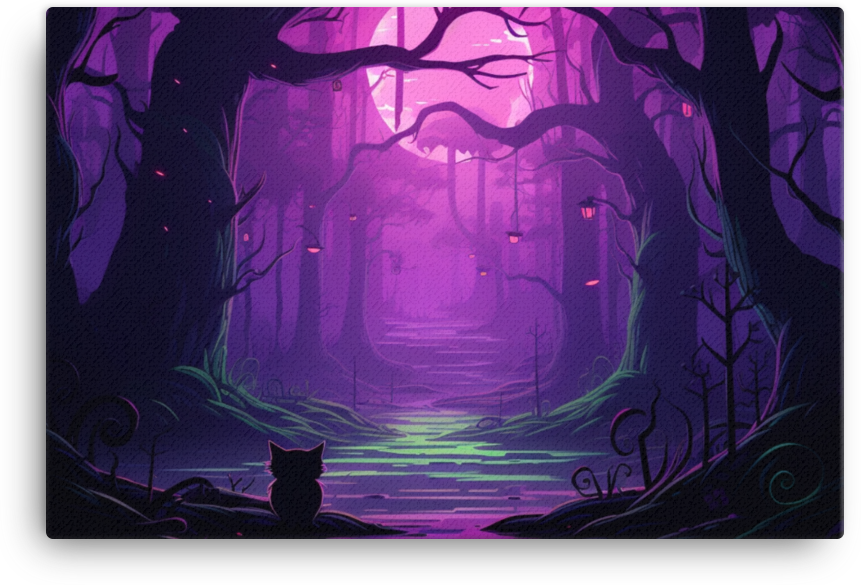 Mystical Forest with Silhouetted Cat Canvas