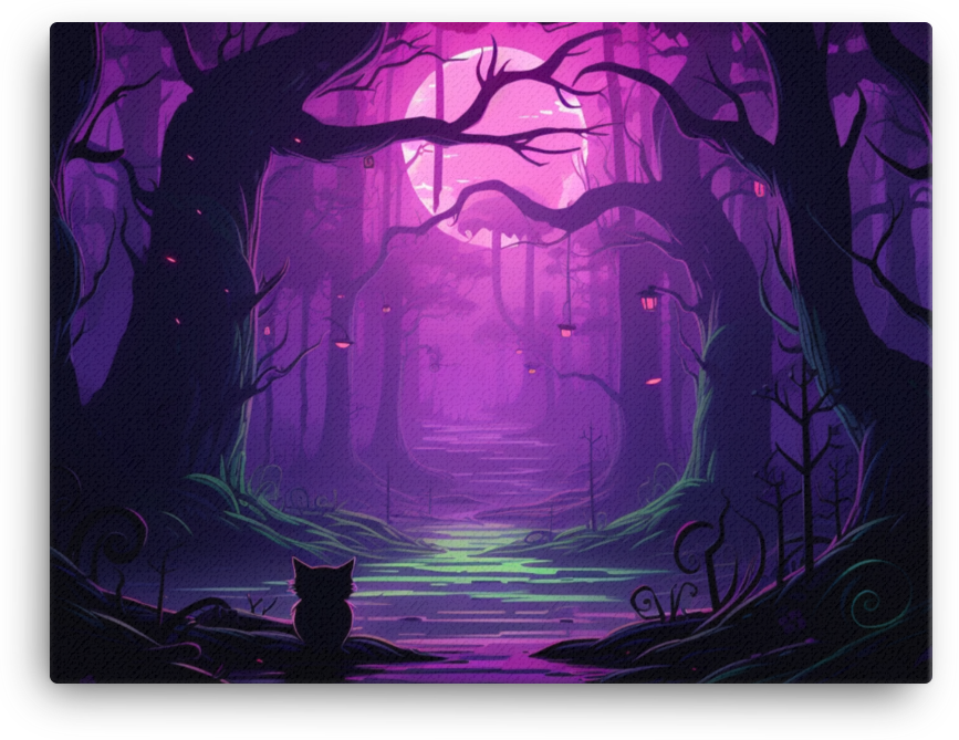Mystical Forest with Silhouetted Cat Canvas