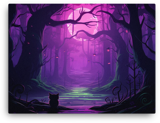 Mystical Forest with Silhouetted Cat Canvas