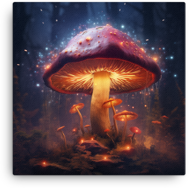 Mystical Mushroom Glow Under Starry Sky Canvas