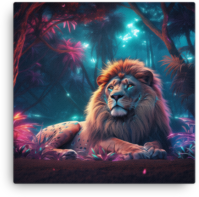 Mystical Neon Jungle King Lion Canvas Wall Art