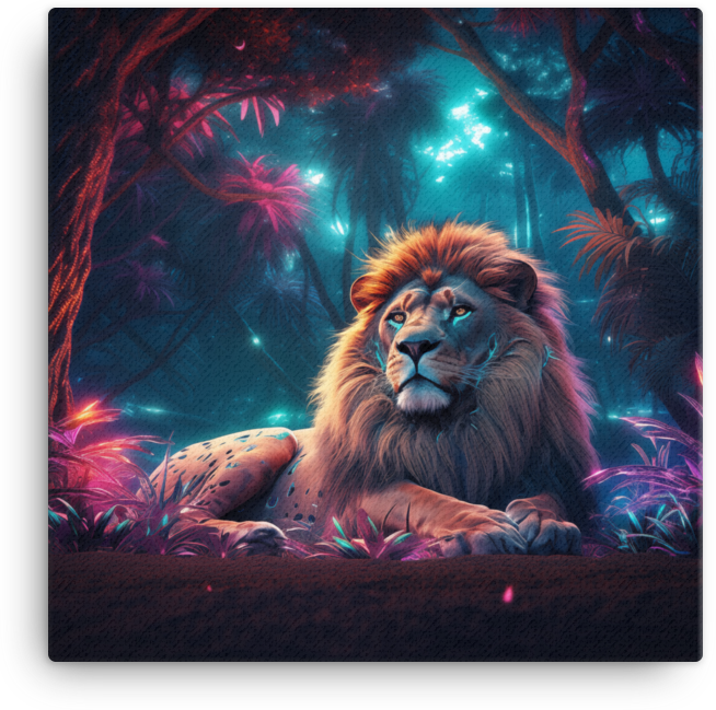 Mystical Neon Jungle King Lion Canvas Wall Art