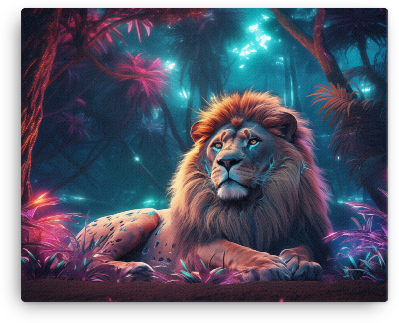 Mystical Neon Jungle King Lion Canvas Wall Art