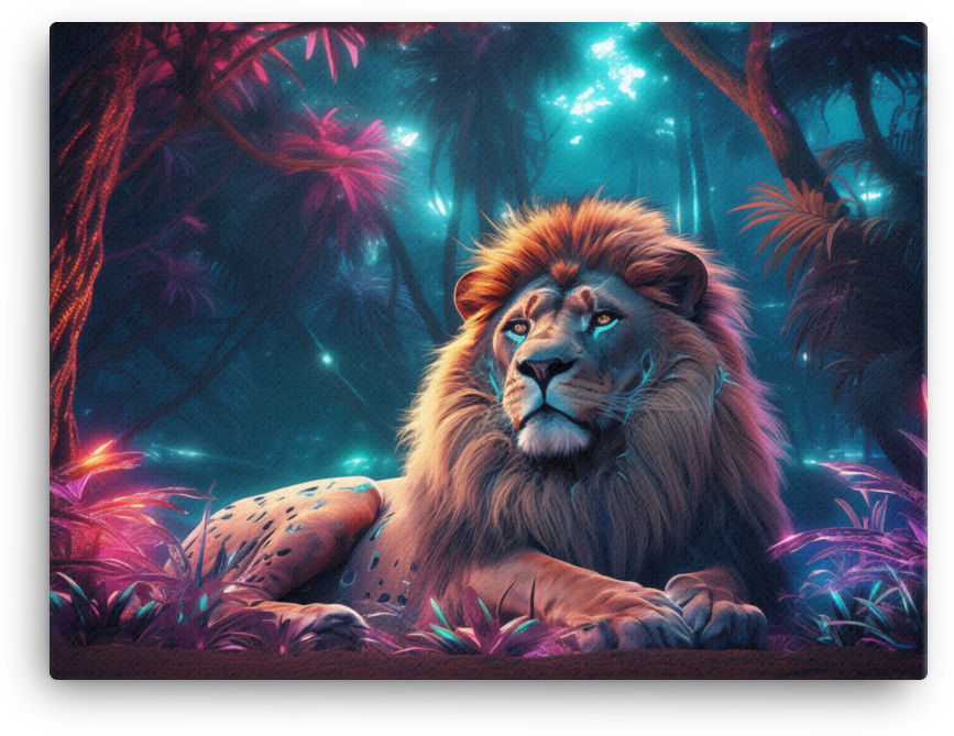 Mystical Neon Jungle King Lion Canvas Wall Art