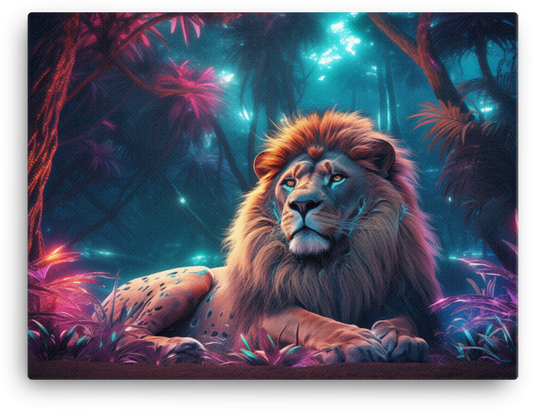 Mystical Neon Jungle King Lion Canvas Wall Art