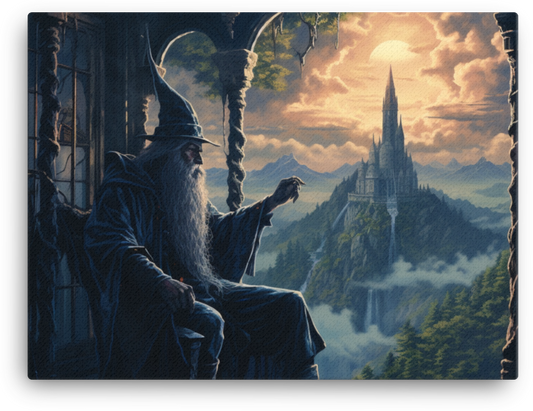 Mystical Wizard's Retreat Overlooking Enchanted Castle Canvas