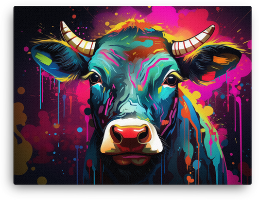 Neon Drip Cow Canvas Wall Art
