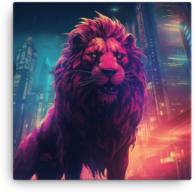 Neon Metropolis Lion Canvas Wall Art