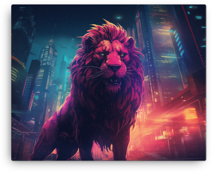 Neon Metropolis Lion Canvas Wall Art