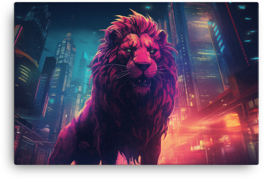 Neon Metropolis Lion Canvas Wall Art