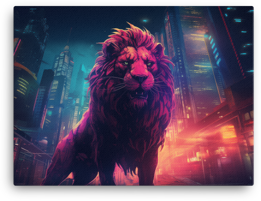 Neon Metropolis Lion Canvas Wall Art
