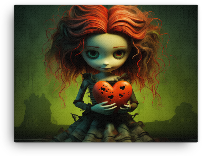Red-Haired Doll Holding a Heart on Dark Fantasy Background Canvas