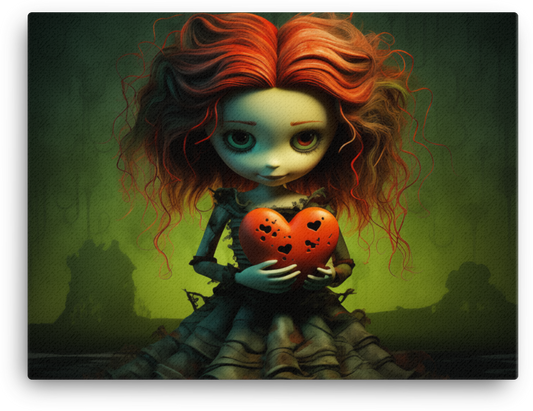 Red-Haired Doll Holding a Heart on Dark Fantasy Background Canvas