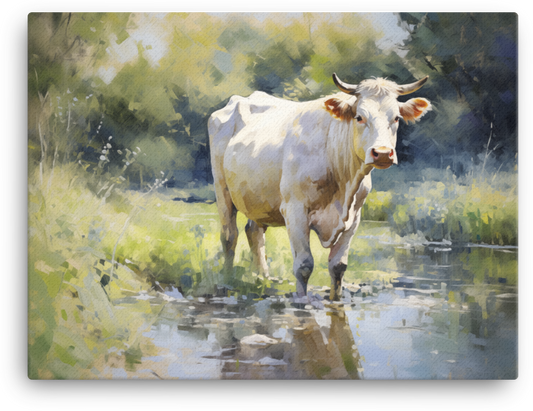 Riverside Grazing Cow Canvas Wall Art