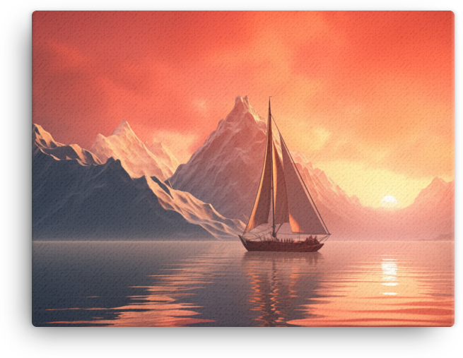 Sailboat at Sunset in Mountainous Seascape Canvas