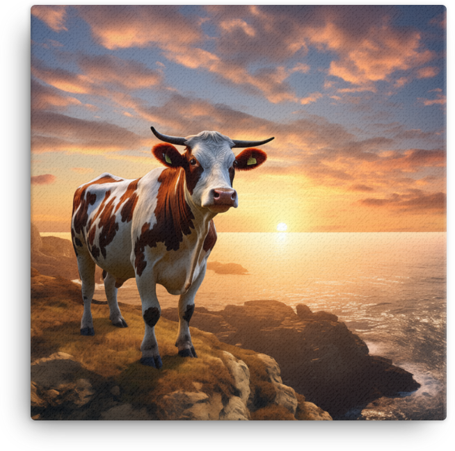 Seaside Sunset Cow Canvas Wall Art