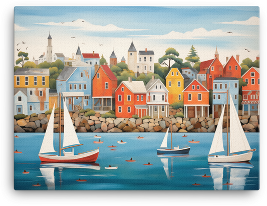 Seaside Town with Sailing Boats Canvas wall art