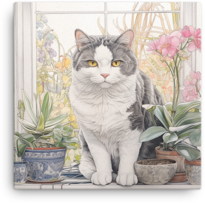 Serene Feline Amidst Floral Bliss Canvas